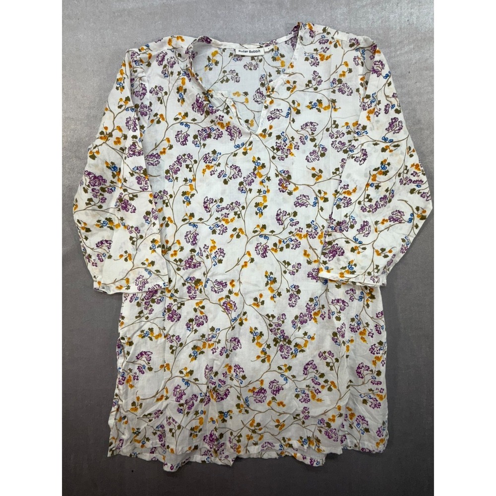 Roller Rabbit Women Short Sleeve Shirt‎ White Flower Pattern Small